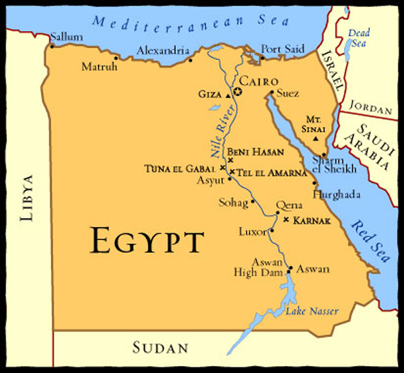 Egito - Mapa da regiao de Cairo a Hurghada